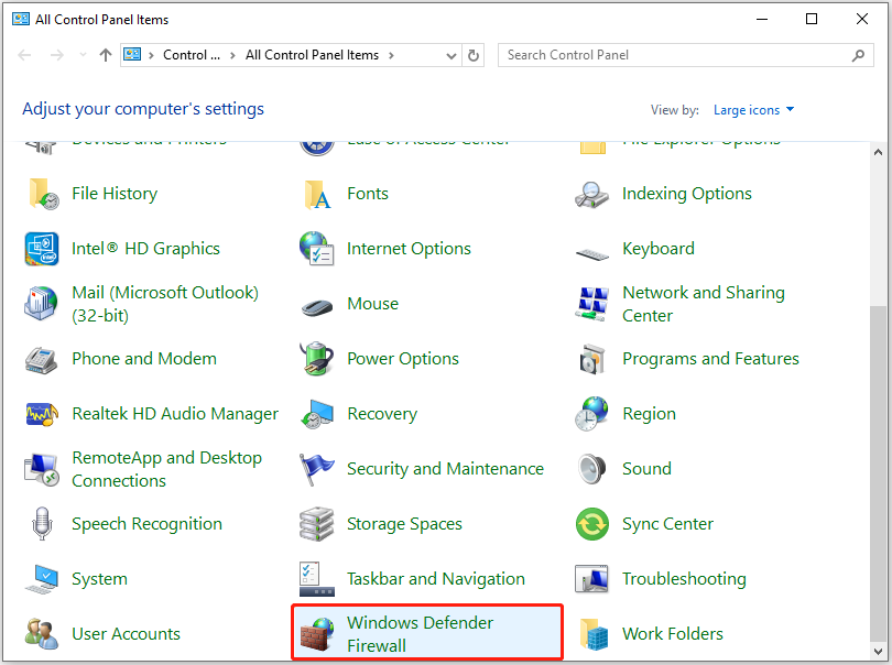 select Windows Defender Firewall