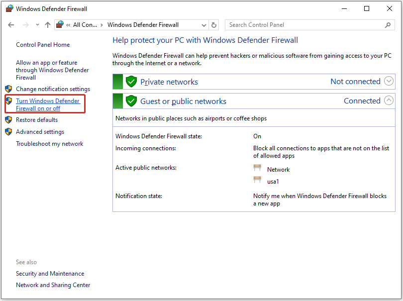 click Turn Windows Defender Firewall on or off