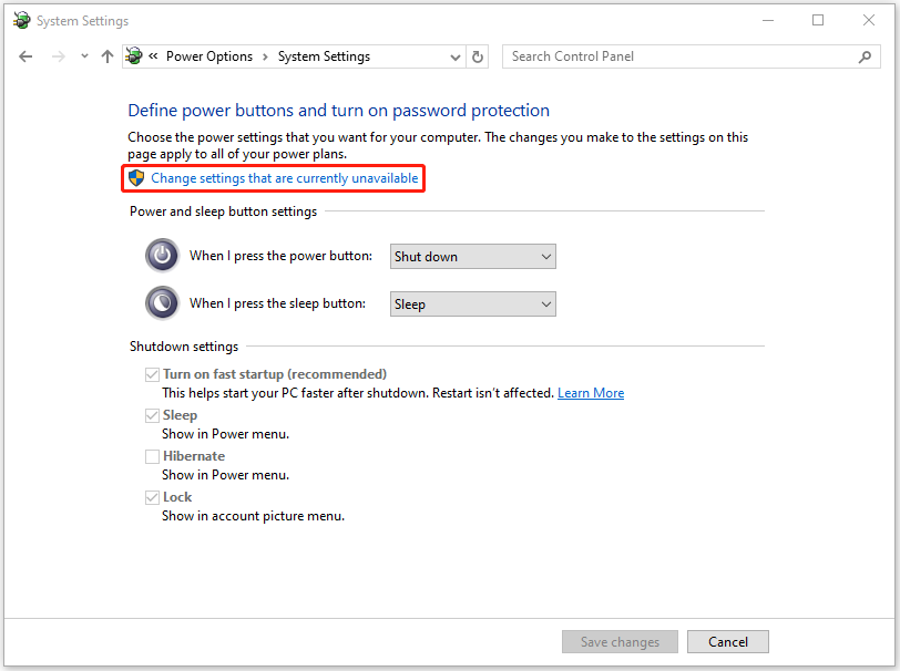 click Change settings that are currently unavailable