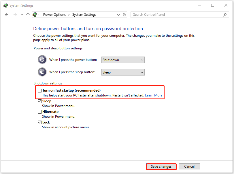 uncheck Turn on fast startup and click Save changes
