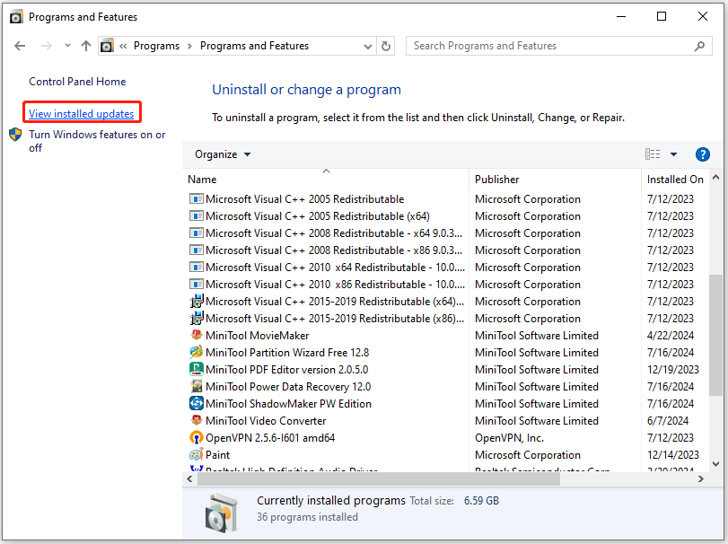 click View installed updates