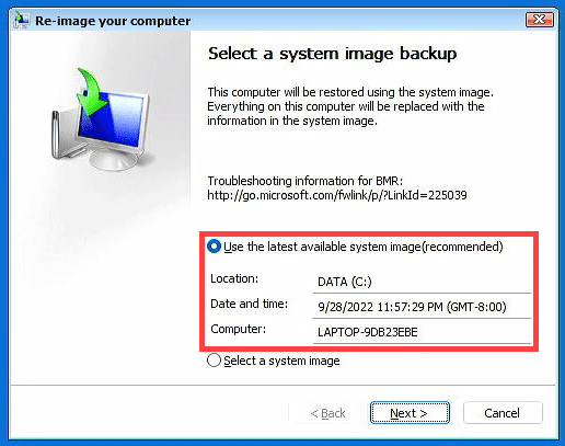 select a system image backup