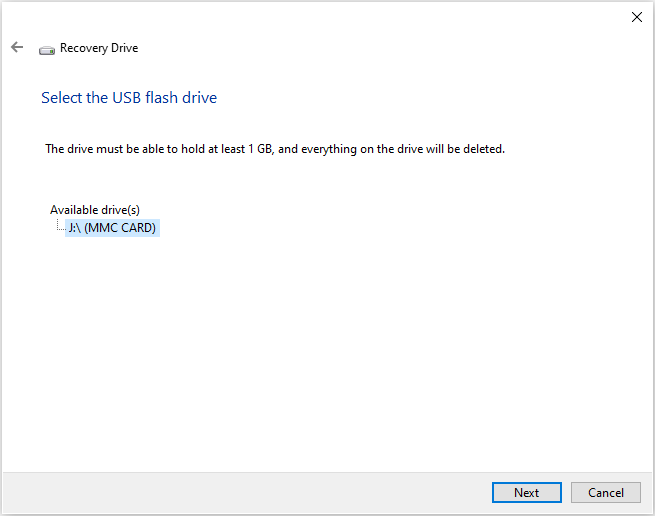 select a USB drive to create a recovery drive