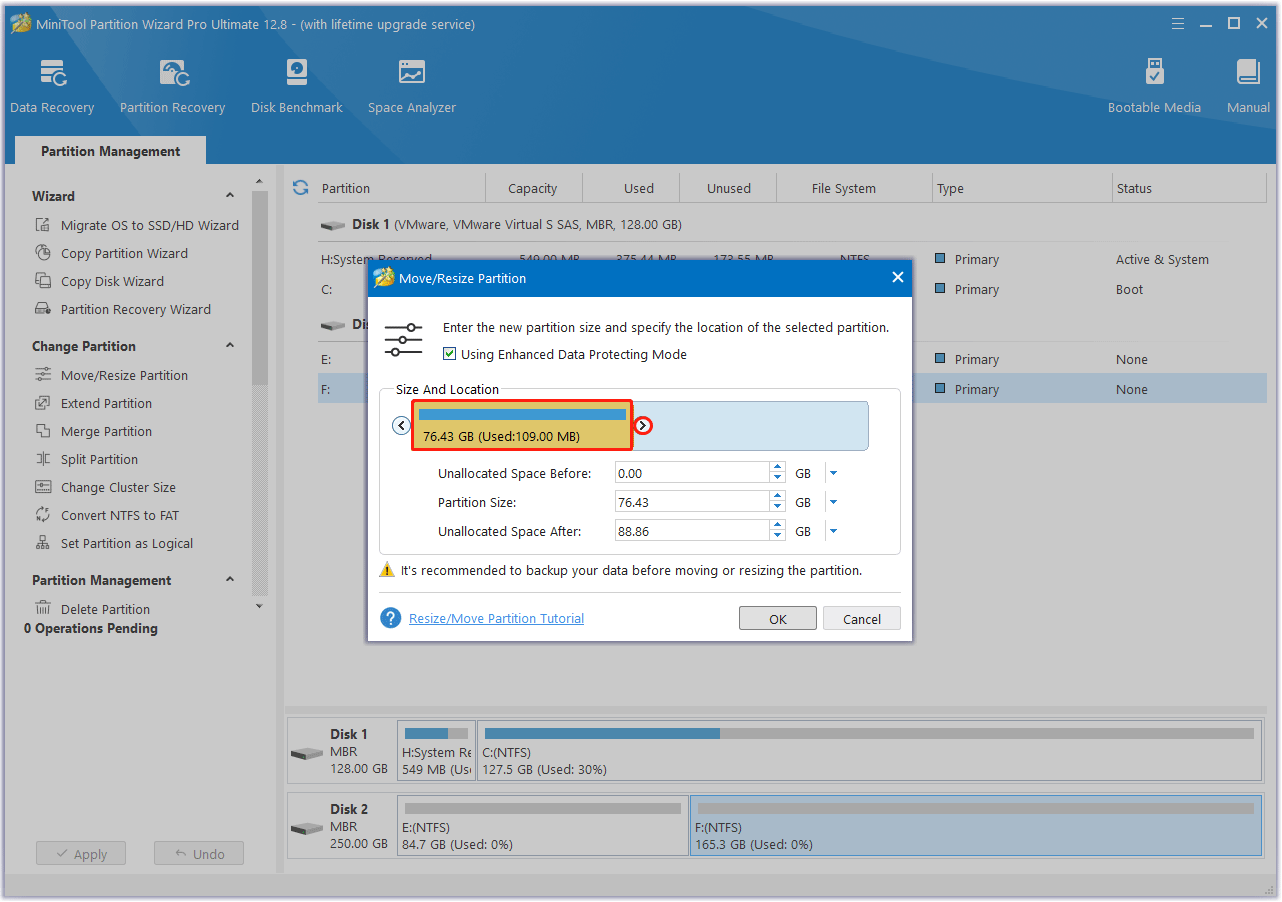 move or resize a partition