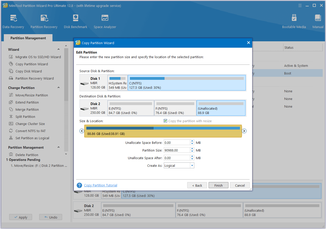 resize the copied partition