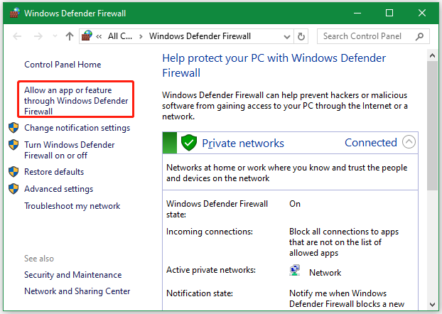 Allow an app or feature through Windows Defender Firewall