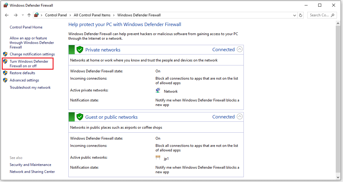 click Turn Windows Defender Firewall on or off