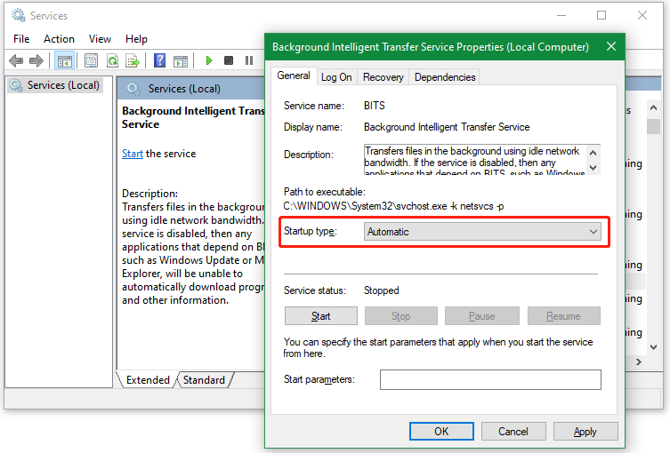 change startup type to automatic for BITS