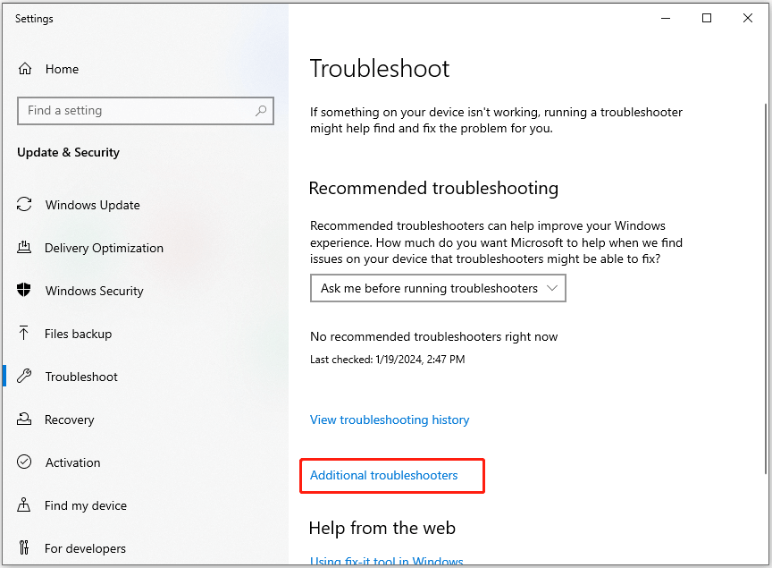 click Additional troubleshooters