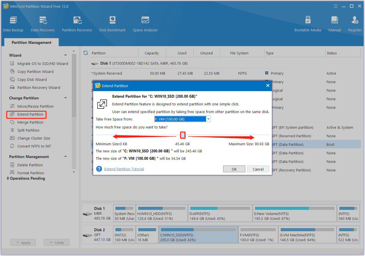 use MiniTool Partition Wizard’s Extend Partition feature to get more free space