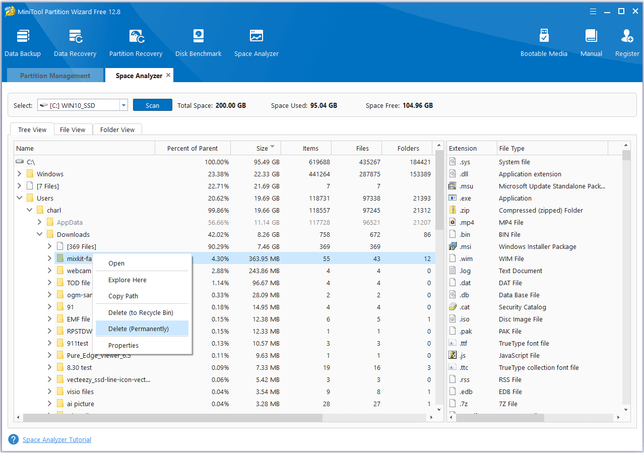 use MiniTool Partition Wizard’s Space Analyzer feature to remove the unwanted files