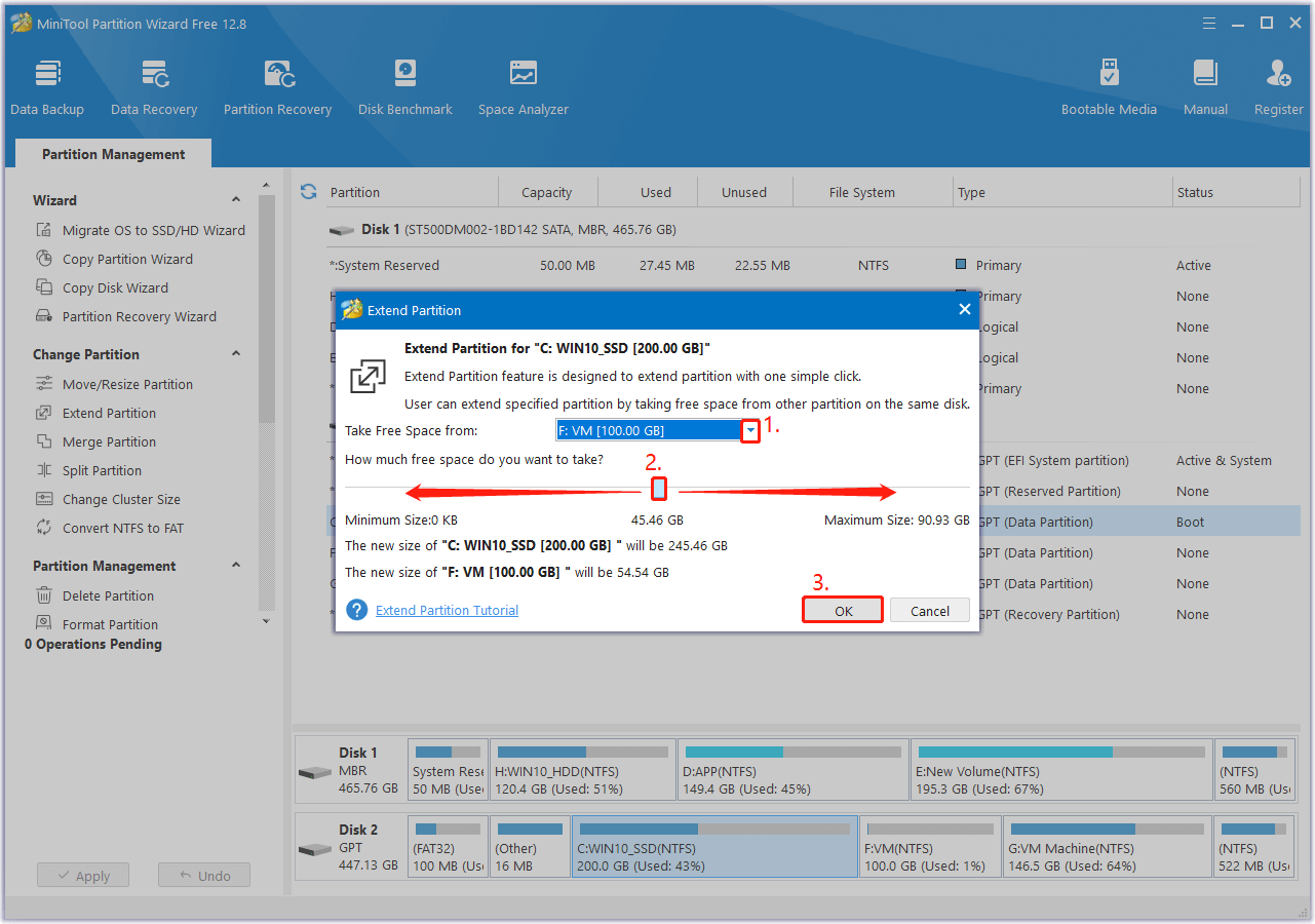 use MiniTool Partition Wizard’s Extend Partition feature to get more free space from other partition