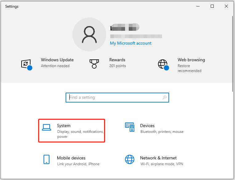 click System in the Settings window