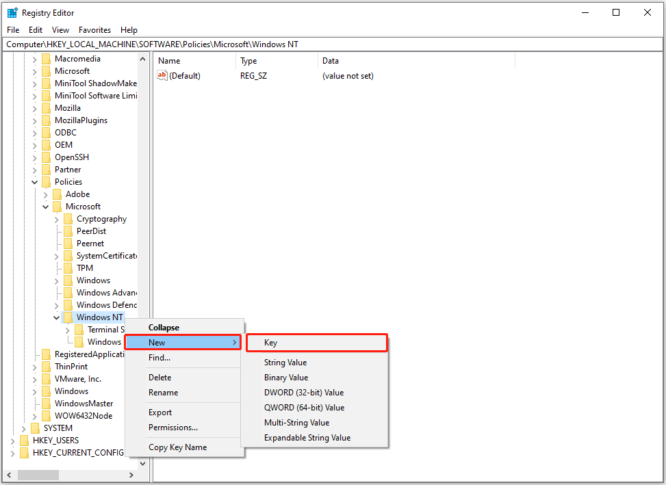 create new key in Registry Editor