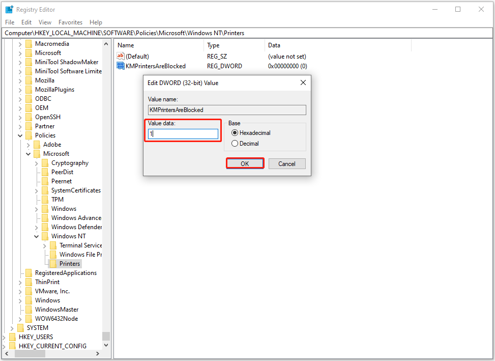 set KMPrintersAreBlocked value data as 1 and save the changes