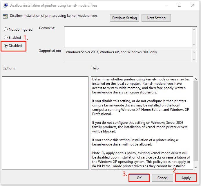 disable the Disallow installation of printers using kernel-mode drivers policy