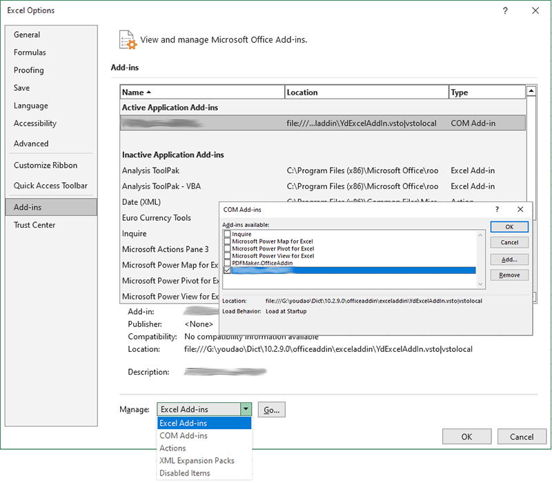 disable an Excel add-in