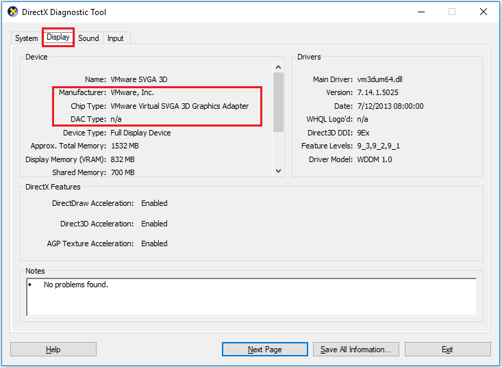 the Display specifications interface