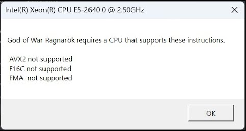 God of War Ragnarok AVX2, F16C, and FMA CPU error