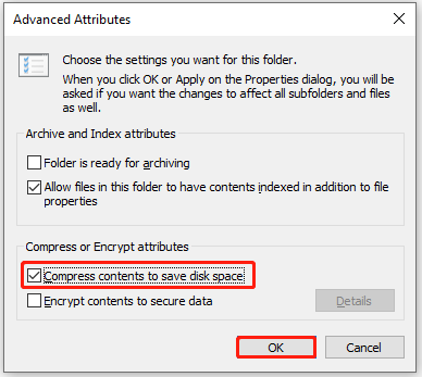 tick the Compress contents to save disk space option