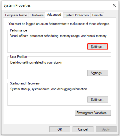 click Settings under Performance