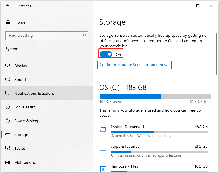 click Configure Storage Sense or run it now