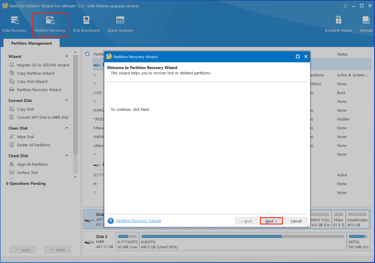click Partition Recovery on MiniTool Partition Wizard and hit Next