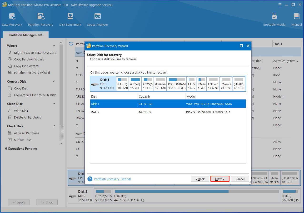 choose disk for recovery on MiniTool Partition Wizard and click Next