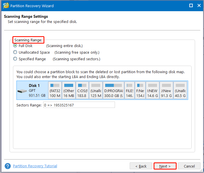 MiniTool Partition Wizard choose scanning range and click Next