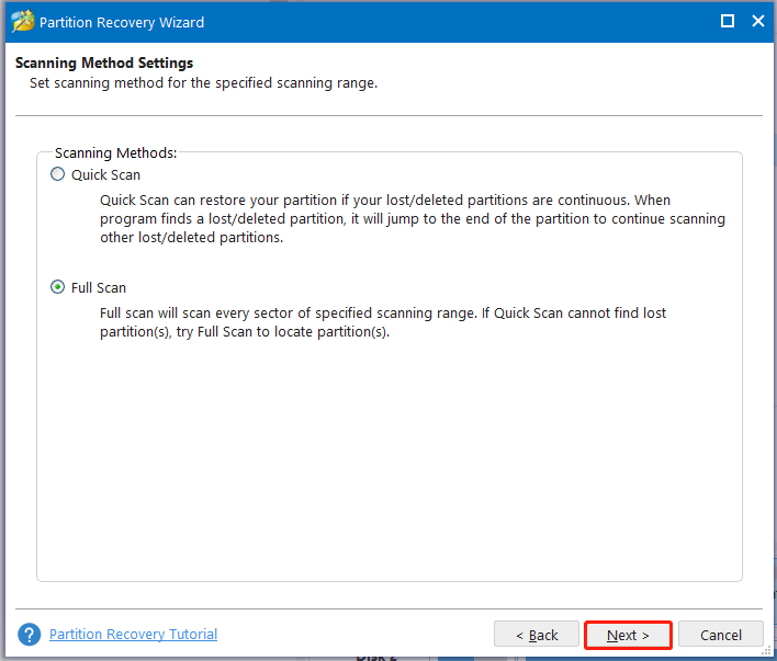 MiniTool Partition Wizard choose a scanning method and click Next