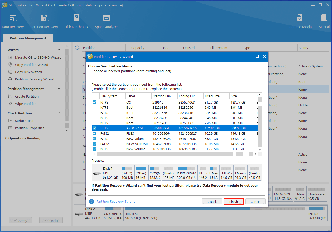 MiniTool Partition Wizard choose the needed partition and click Finish