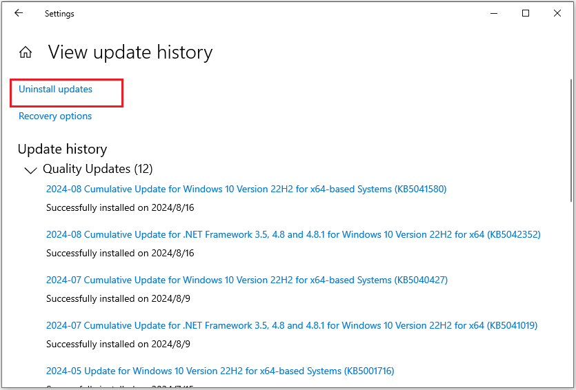 click Uninstall updates