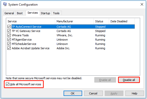 check the Hide all Microsoft services box and click Disable all