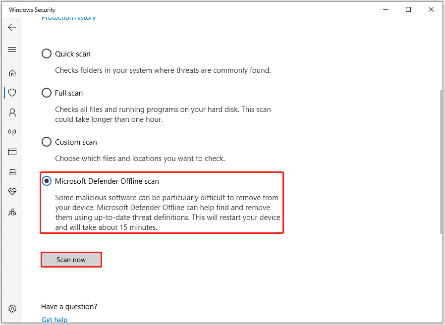 select Microsoft Defender Offline scan