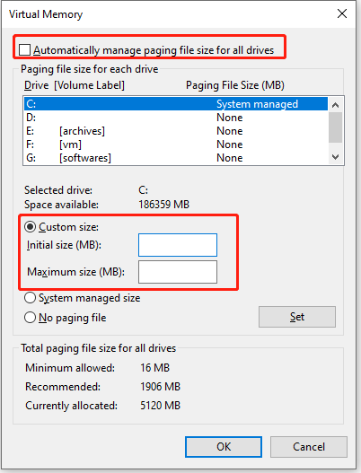 set virtual memory