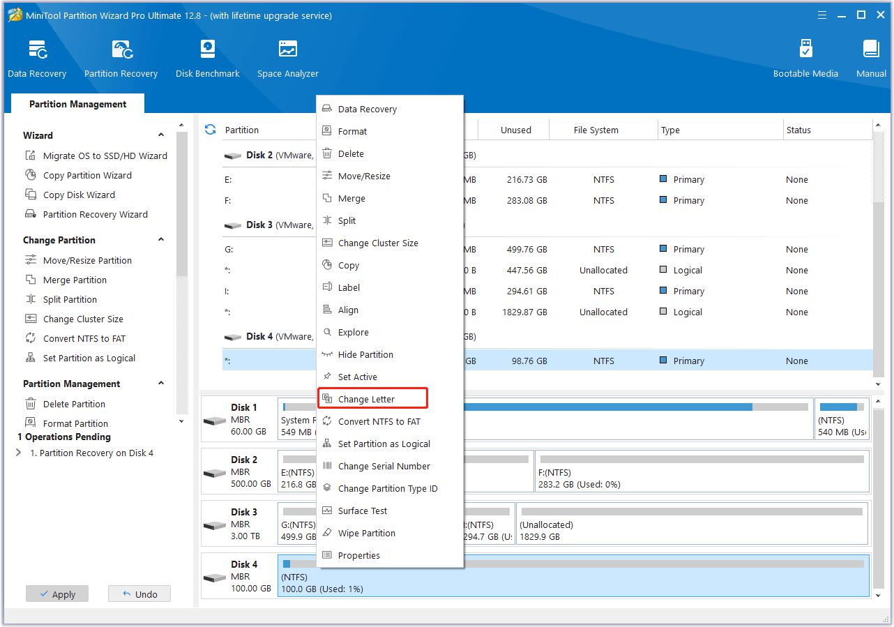 right-click the recovered partition in the MiniTool Partition Wizard disk map and select Change Letter