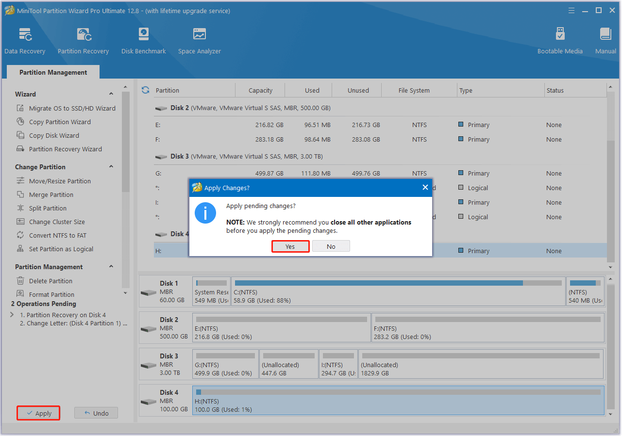 click Apply and Yes sequentially in MiniTool Partition Wizard