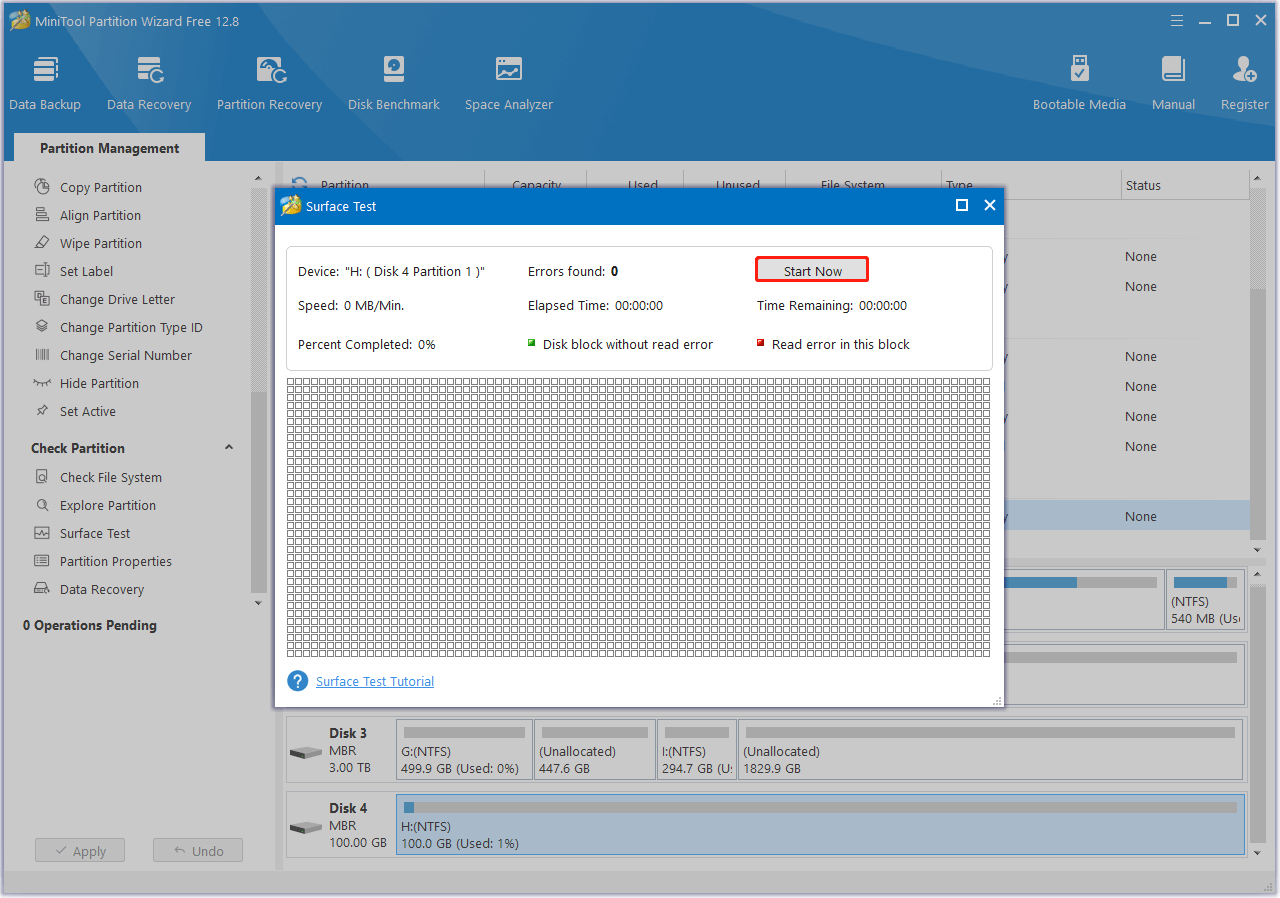 click the Start Now button to run MiniTool Partition Wizard Surface Test