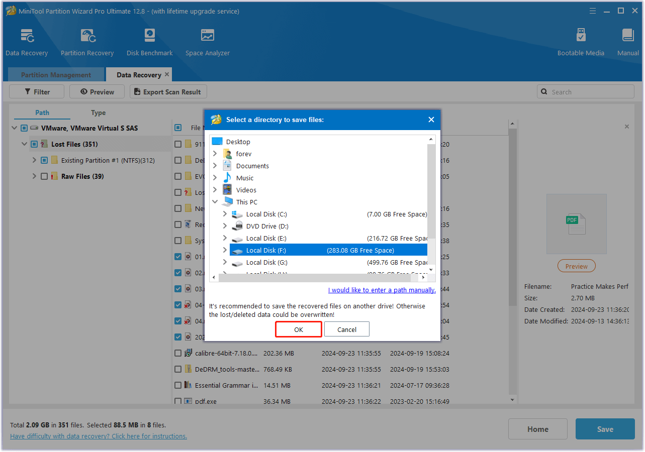 choose a safe location and OK to store the MiniTool Partition Wizard recovered files