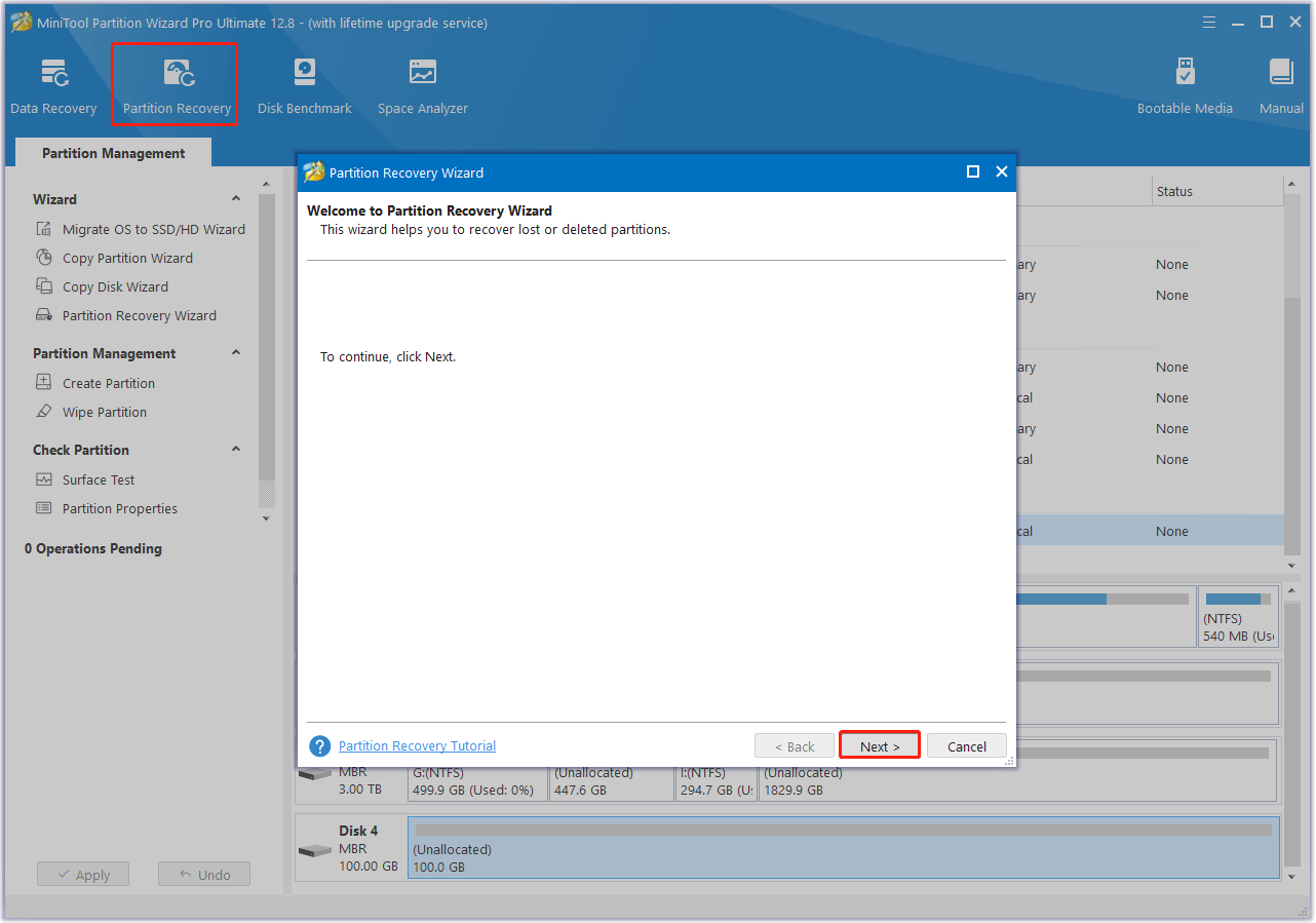 choose Partition Recovery from MiniTool Partition Wizard top toolbar and click Next