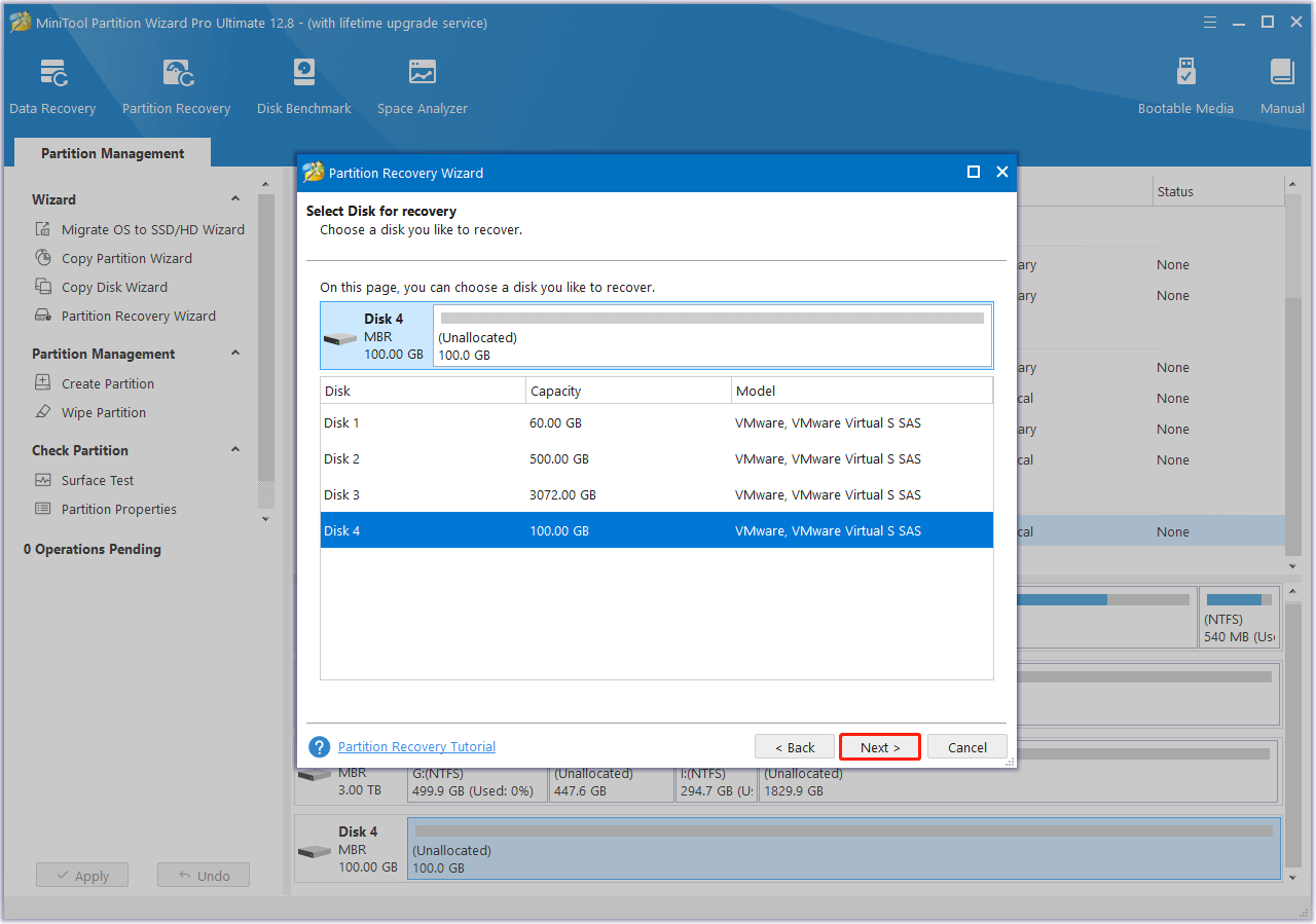 choose the disk you want to recover partitions and then click Next