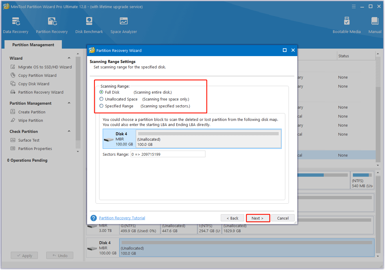 choose a scanning range and click Next