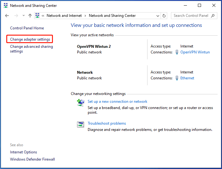 click Change adapter settings