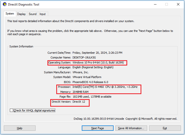 the DirectX Diagnostic Tool interface