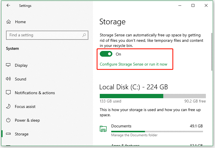 turn on Storage Sense