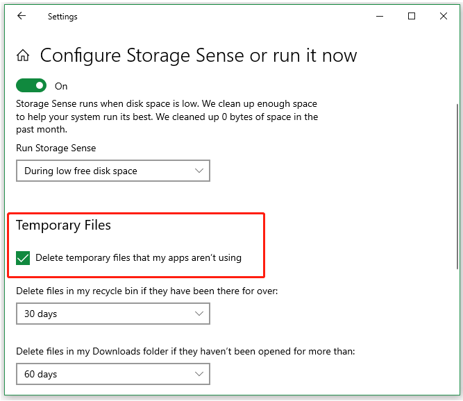 delete temp files using Storage Sense