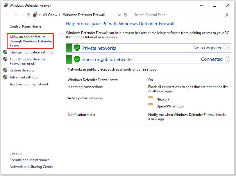 select Allow an app or feature through Windows Defender Firewall