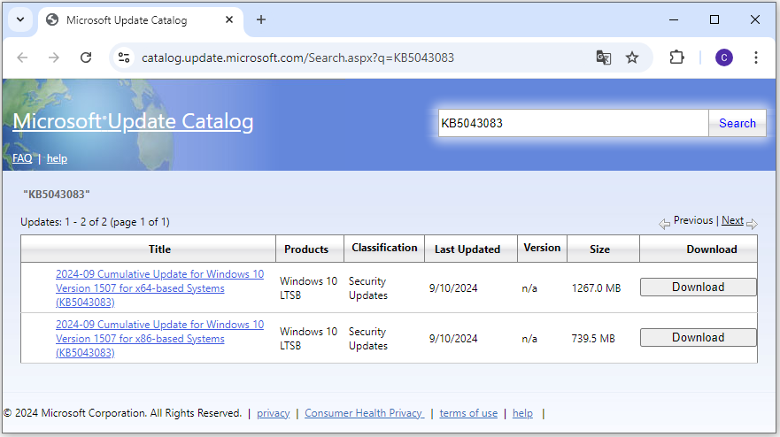 search for KB5043083 on the Microsoft Update Catalog website