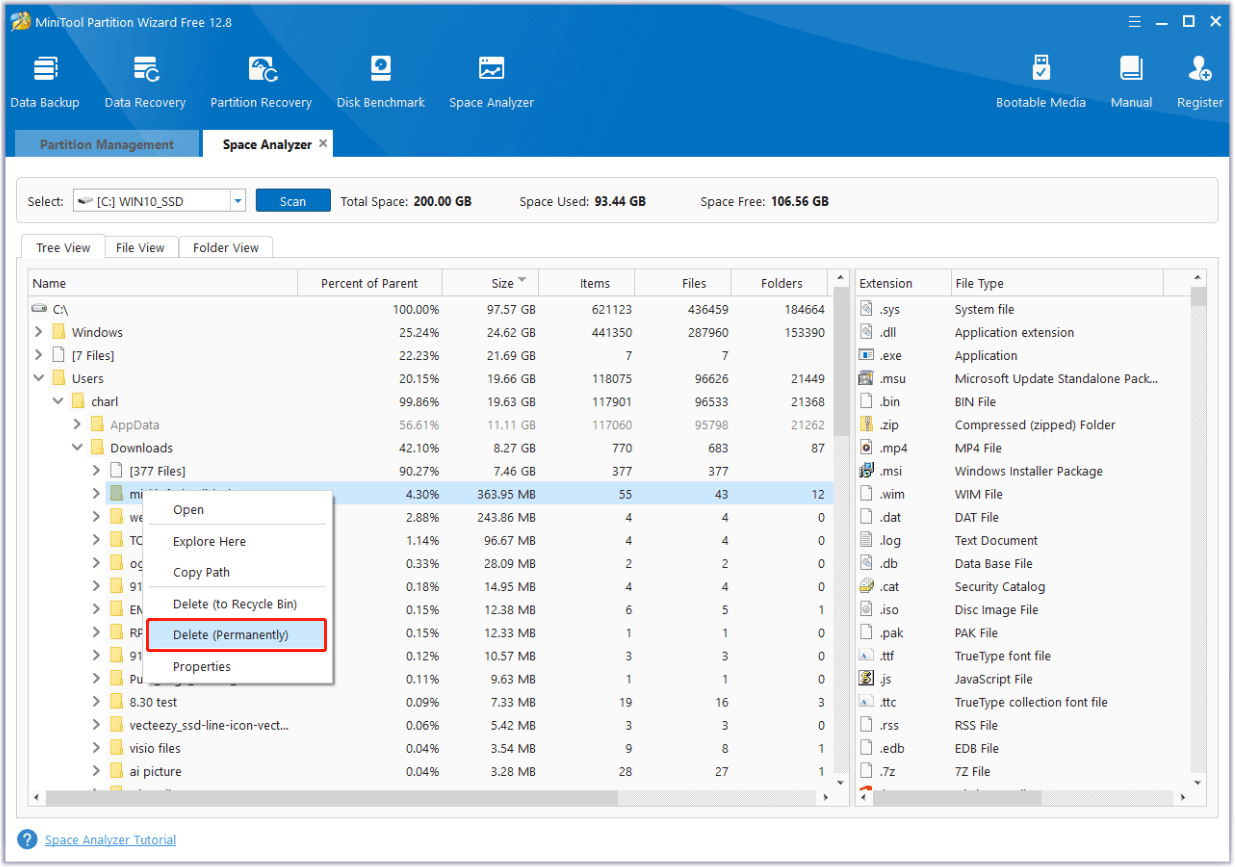 select Delete (Permanently) in MiniTool Partition Wizard