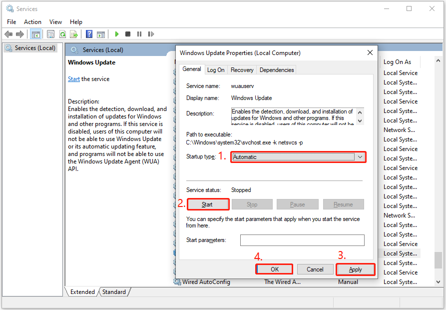 restart Windows Update service in the Services window